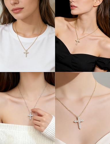 Stainless steel Cubic Zirconia Cross Necklace for Women Pendant with Chain 16"/18"+2" Perfect Jewelry Gifts for Birthday Christmas Mothers Day Wedding - size: 16+2 inches, style: 18K Gold Plated