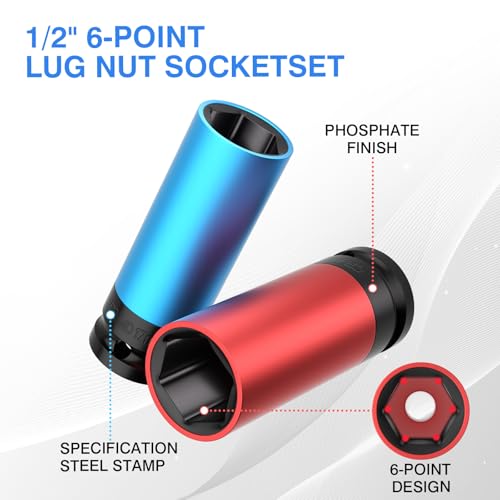 5PCS 1/2" Drive Wheel Protector Impact Socket, Non-Marring Lug Nut Deep Socket Set, CR-MO, 6 Point, Color-Coded Protective Socket | Metric 15 17 19 21 22 mm - size: 1/2" Protective Cover Sockets 5pcs