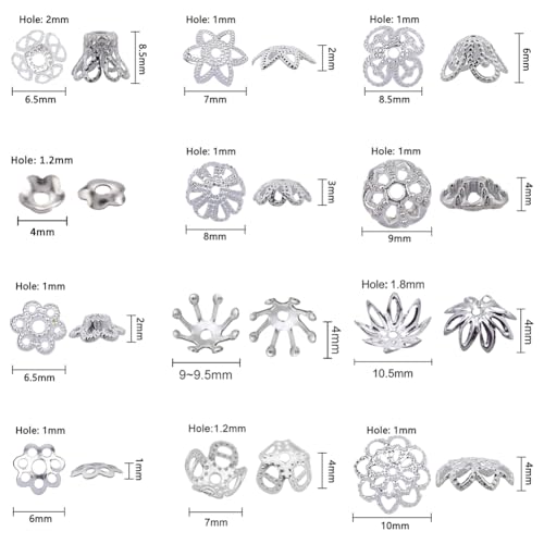 SUNNYCLUE 1 Box 240Pcs 12 Styles Flower Spacer Beads Caps Silver Bead Caps Mixed Tibetan Beads Jewelry Findings for DIY Earring Bracelet Necklace Keyring Making - color: 240pcs Silver