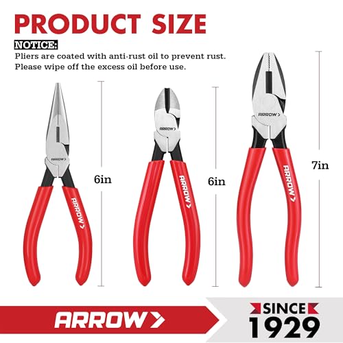 ARROW 3PCS Pliers Set, 6" Needle Nose Pliers, 6" Diagonal Plier, 7" Linesman with Non-slip Handle, Premium Carbon Steel, High Leverage Design - style: 6" Needle Nose/6" Diagonal/7" Linesman