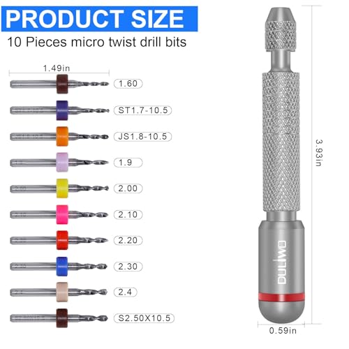 21 PCS Hand Drill Set, Pin Vise Hand Drill Set Including 10 PCS (1.6-2.5mm) Miniature Mini Drill Bits and 10 PCS (0.5-3.2mm) PCB Mini Chuck Chuck for Jewelry DIY, Resin, Wood, Model Making - color: Silver
