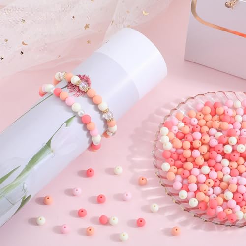 1 Box 500Pcs Candy Color Acrylic Beads Round Frosted Bead Bulk 8mm Plastic Balls Pastel Matte Mix Gumball Loose Spacer Beads for Jewelry Making Bracelets Necklaces Earrings Keychain Adult - color: Pink