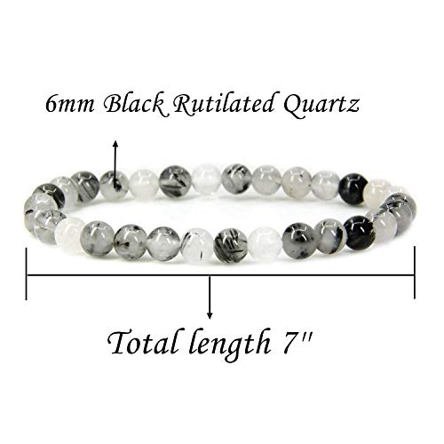 Angelstones Handmade Natural Healing Gemstone 6mm Round Beads Stretch Crystal Bracelet 7 Inch Unisex - color: Black Rutilated Quartz