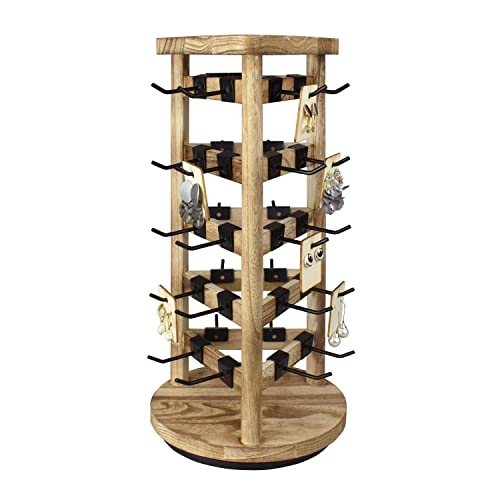 Ikee Design Wooden Rotating Jewelry Display Stand Tower With 30 Removable Hooks,Spinning Earring Card Storage Display Holder Stand for Store,Showcase,Tradeshow and Home,Oak Color - color: 3 side, Oak, 30 hooks