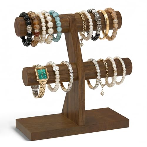 EsLuker.ly Bracelet Holder Display Wooden Stand Organizer, T Bar Bangle Storage Rack for Home Vendors Business Selling, Large Capacity 2 Tier Jewelry Tree Tower for Watches, No Clutter, Brown - color: Brown
