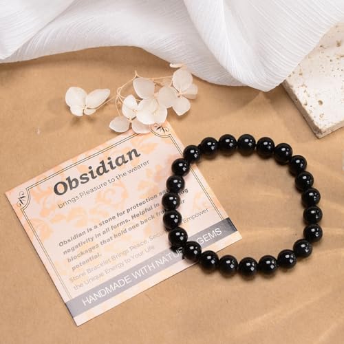 MASSIVE BEADS Handmade Yoga Stretch Elastic Bracelet Natural Stone Crystal Healing Power Energy Gifts for Unisex Adult 4mm 6mm 8mm 10mm - color: Black Obsidian(Pleasure), size: 4mm