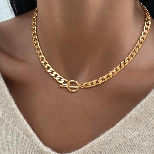 CHESKY 14K Gold Plated Chunky Necklace for Women, Trendy Paperclip Chain Necklace Thick Cross Heart Pendant Necklace Layered Herringbone Cuban Link Chain Toggle Necklaces Non Tarnish Jewelry - color: gold, style: cuban