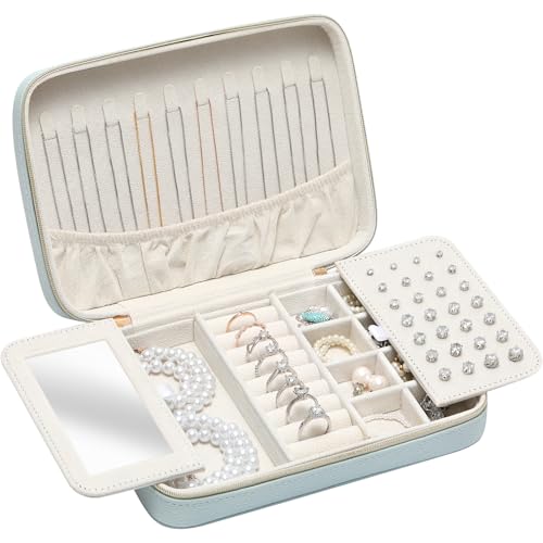 Genuine Leather Travel Jewelry Organizer Case Box with Mirror for Women, Small Mini Portable Jewelry Box for Ring Earrings Necklace Bracelet Luxury Gift for Women（Light Blue） - color: Lychee Grain Leather Baby Blue