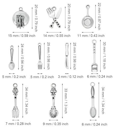 Shapenty 10 Styles Antique Silver Kitchen Tableware Fork Knife Pan Baking Cooking Charm Pendant Set for Earring Necklace Bracelet Keychain Jewelry Making Geocaching Fun Craft Supplies, 50PCS