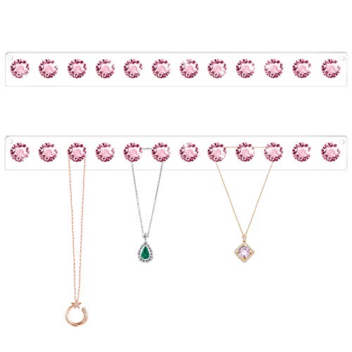 Acrylic Necklaces Holder Wall Mounted Necklace Hangers Hanging Jewelry Organizer with 12 Hooks, Clear Jewelry Hangers for Necklace Organizer for Girls Women, Necklace Hooks for Wall (Pink, 2 Pack) - color: Pink – 2Pack