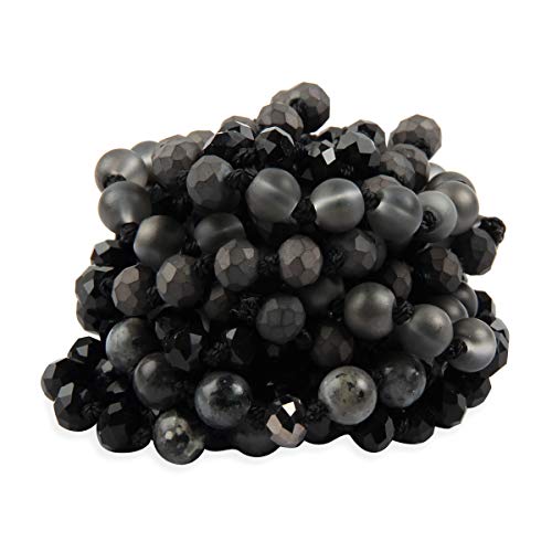 Bead Strand Versatile 60" Long Wrap Necklace - Handmade Knotted Multi Layer Sparkly Crystal, Semi Precious Natural Stone, Lava, Glass Faux Pearl - color: Natural Stone & Sparkly Bead Mix - Black