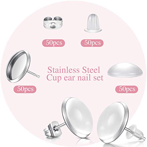 Hicarer 200 Pieces Stud Earring Kit, Including 50 Pieces 12 mm Stainless Steel Blank Stud 50 Rubber Back, 50 Pieces 12 mm Clear Glass Cabochons 50 Stainless Steel Earring Back for DIY Making (Silver) - color: Silver