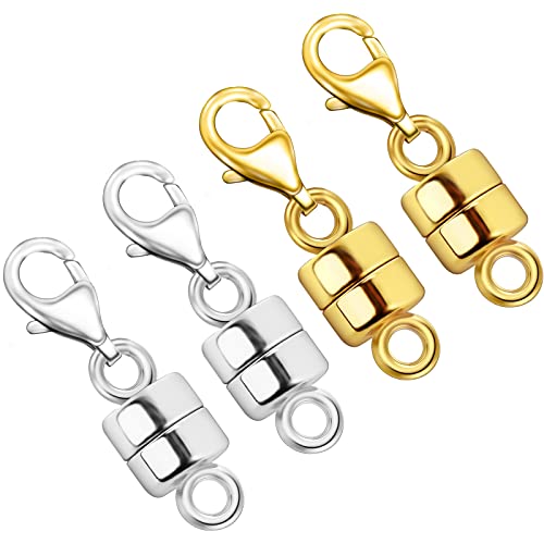 OHINGLT Magnetic Necklace Clasp Extra Strong, Gold and Silver Plated Magnet Jewelry Clasps Converters, Bracelet Extender for Women Seniors - color: 4Pcs | 2Gold & 2Silver