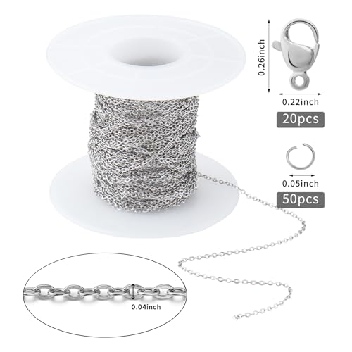 Topacket 33Feet Stainless Steel Necklace Chains Cable Link Chains for Jewelry Making DIY Craft Kit with Lobster Clasps Jump Rings - color: Stainless Steel, size: 1.0mm