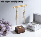 3 Pack Earring Display Stand, Golden Metal Earring T Bar Stand, Jewelry Towers with Wooden Square Base, Earring Hanging Holder for Jewelry Organizer Display