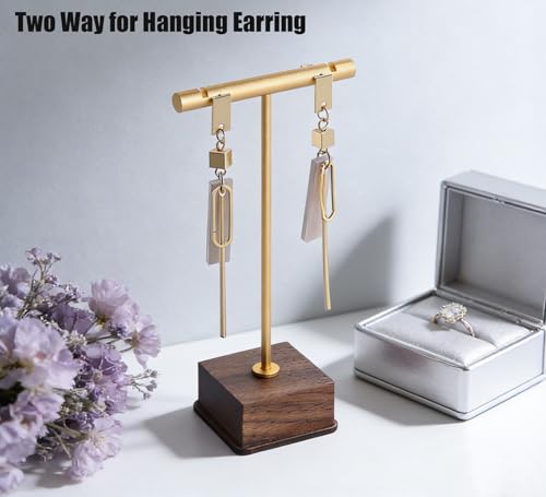 3 Pack Earring Display Stand, Golden Metal Earring T Bar Stand, Jewelry Towers with Wooden Square Base, Earring Hanging Holder for Jewelry Organizer Display