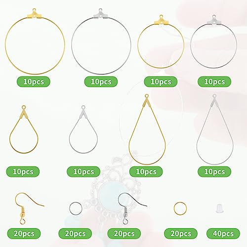 200PCS Earring Making Kit - Beading Hoop Finding, Open Hoops Bulk Wire for DIY Jewelry Craft Supplies - Teardrop and Round