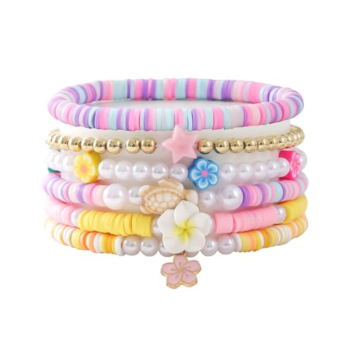 POYAMUSE Hawaiian Colorful Plumeria Flower Beads Strand Bracelet Set for Women Beach Vacation Summer Luau Party - color: Plumeria
