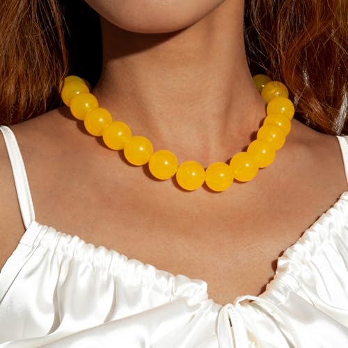 Chunky Acrylic Resin Beaded Necklace for Women Colorful Large Round Choker Adjustable Stack Acrylic Beads Necklace Resin Summer Party Jewelry - style: Yellow