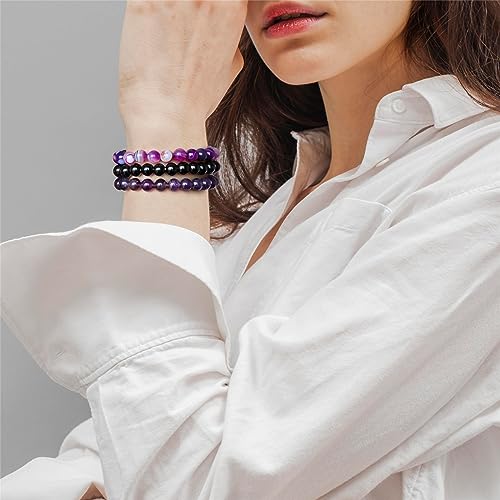 3 PCS Healing Crystal Bracelets for Women 8mm Natural Stone Beaded Stretch Bracelet Amethyst Jewelry Gifts - color: 09 8mm Amethyst & Purple Agate