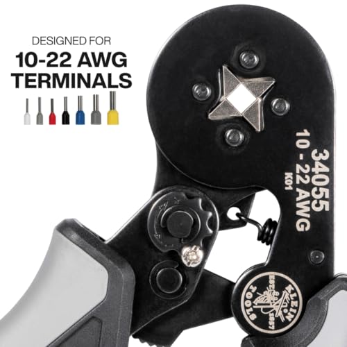 Klein Tools 34055 Ferrule Crimping Tool, Square Crimper Pliers for 10 to 22 AWG Wire Terminals, Built-In Adjustable Ratchet, for Electrical Work - size: Square Crimper