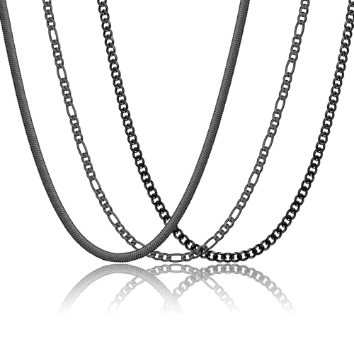 Graduation Gifts -3 Pcs Chain for Men Necklace for Boys 316L Stainless Steel Cuban Link/Figaro/Herringbone Chains Set Jewelry Gifts for Men Women Boys Black/Gold/Silver 16/18/20/22/24 Inches - color: Type A-Black, size: 16''