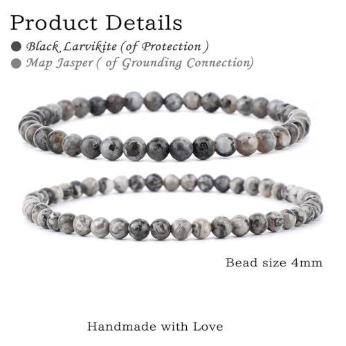 NCB 2.3-Piece 4mm Natural Crystal Gemstone Stretch Bracelets – Handmade Reiki Energy Healing Jewelry for Meditation,Yoga, Unisex - color: 2PCS ( Black Larvikite+Map Jasper ), size: 4mm
