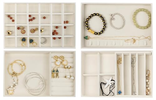 8 Pack Jewelry Organizer for Drawer, Necklace Velvet Storage Display Tray, Stackable Insert Divided Holder for Bracelet Rings Earring Brooch Watch, Beige (Vintage) - style: Vintage