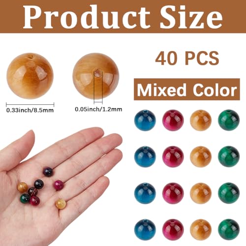 40PCS 8MM Tiger Eye Gemstone Beads with Hole Natural Round Stone Energy Pink Blue Green Smooth Polished Loose Spacer Bead Bulk for Jewelry Making Earrings Bracelets Necklaces DIY Crafts - size: 8mm 40pcs