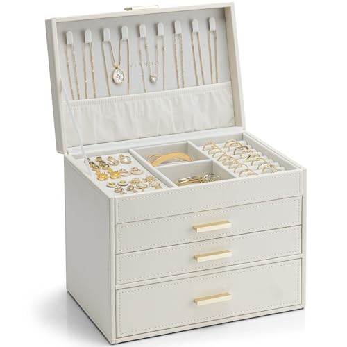 VLANDO 4 Layer Large Jewelry Box - Jewelry Holder Organizer, Jewelry Box Organizer for Drawer Necklace Ring Bracelet and Watch, Birthday Gift for Loved Ones - Beige - color: Apricot White, size: 4 Layer-Necklace