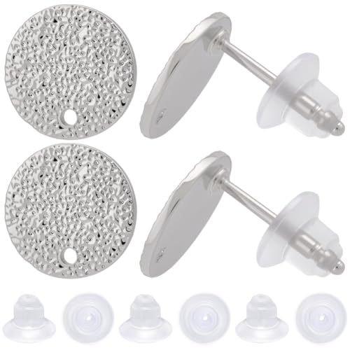 Beebeecraft 1 Box 32Pcs Flat Round Earring Studs for Jewelry Making Platinum Plated Brass Frosted Surface Round Earring Posts with Loop Hole and 40Pcs Plastic Ear Nut for DIY Ear Crafts Supplies - color: Silver