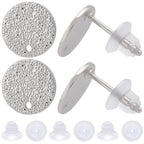 Beebeecraft 1 Box 32Pcs Flat Round Earring Studs for Jewelry Making Platinum Plated Brass Frosted Surface Round Earring Posts with Loop Hole and 40Pcs Plastic Ear Nut for DIY Ear Crafts Supplies - color: Silver