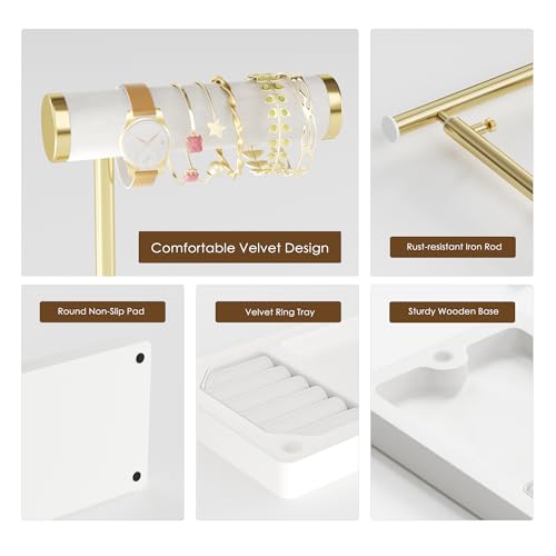 SZQINJI 5 Tier Jewelry Holder Organizer, Gold Jewelry Stand with Velvet Bracelet Holder, Adjustable Height Jewelry Display for Necklaces, Bracelets, Earrings, Rings, Gift Idea for Women, White - color: White