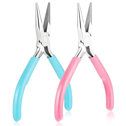 2 Pcs Chain Nose Pliers For Jewelry Making, 4.5 Inch Flat Nose Jewelry Pliers Precision Small Craft Plier for Jewellery Repair, Wire Bending, Object Grasping (Blue Pink) - color: Blue, Pink