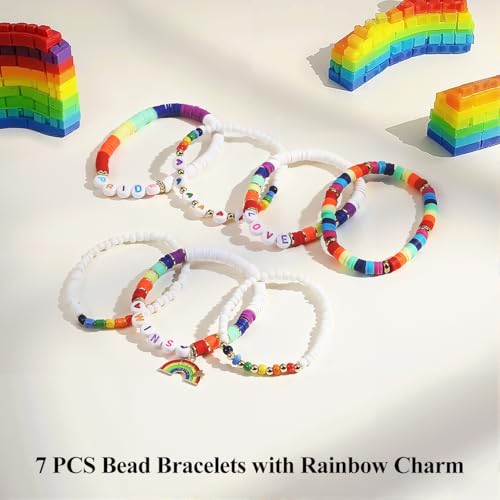 Emibele Colorful Stretch Bracelet Stack Boho Beaded Bracelet Set Heishi Surfer Bracelet Stackable Y2K Trendy Jewelry Friendship Multiple Set Women Fans - style: Pride