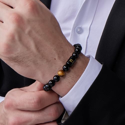 FRG Initials Bracelets for Men Letter Link Handmade Natural Black Onyx Tiger Eye Stone Beads Braided Rope Meaningful Bracelet - style: Braided rope-R