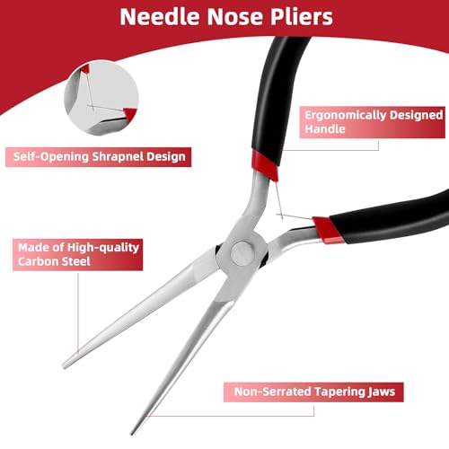 URSKYTOUS Needle Nose Pliers 6Inch Extra Long Nose Pliers with Comfort Grip Handles Non-Serrated Jaws Mini Small Needle Nose Pliers for Wire Wrapping Handmade Craft Jewelry Making Supplies (Black) - color: Rh Black Red