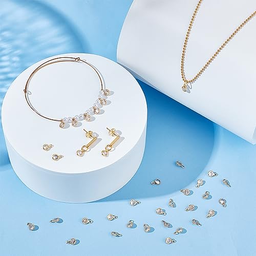 PH PandaHall 50pcs Cubic Zirconia Charms, 18K Gold Plated Round Crystal Charm Pendants Brass Crystal Pendants with Loops for Necklace Bracelet Dangle Earrings Jewelry Making DIY Crafts, 7.5x4.5mm