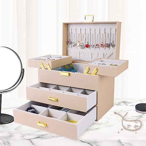 Dajasan Jewelry Organizer Box, Jewelry Holder Organizer Box, PU Leather Jewelry Box, Gift Idea for Valentine's Day, Birthday, Mother's Day, Christmas (Champagne) - color: Champagne + Gold