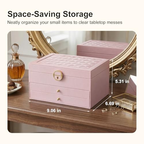 3 Layer Jewelry Box with Lock, Women Large Jewelry Holder Organizer with Drawer for Necklaces, Rings, Bracelets, Earrings, Watches, Valentines Gift for Mom Girl Wife,(Pink) - color: Pink