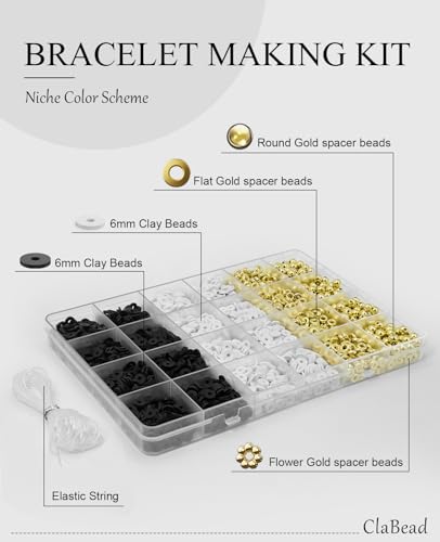 ClaBead Bracelet Making Kit for Boys 3200Pcs, Clay Beads Bracelet Kit with Gold Beads and Gold Flower, Swift Friendship Beads Bracelet Kit for Bracelets Making - color: Black & White