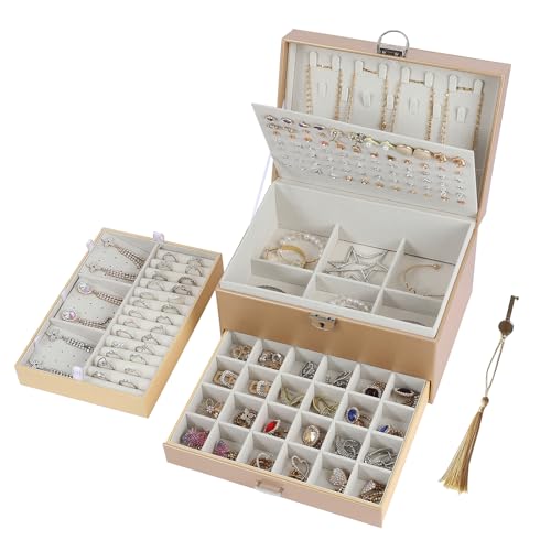 BOOVO Earring Jewelry Box For Women Girl Stud Organizer, 5 Layers Girl Jewelry Organizer Box With Lock Earring Holder Organizer Necklace Ring Jewelry Organizer Box For Girls (Champagne) - color: Champagne, size: 5 Layer