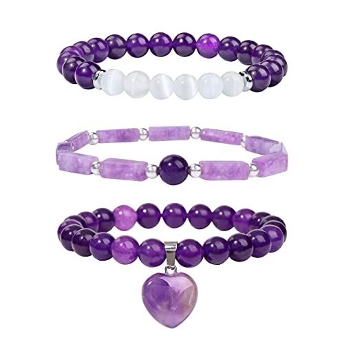 Vinswet Healing Crystal Beaded Bracelets for Women,Natural Amethyst Gemstones Bracelet,Anxiety Stress Relief Heart Charm Bracelet Handmade purple Jewelry Gifts for Women - color: Amethyst&6Moonstone