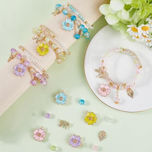 SUNNYCLUE 1 Box 430pcs DIY 4 Sets Flower Bracelet Making Kit Enamel Flower Charms Spring Light Gold Plated Violet Flowers Bowknot Leaf Electroplate Clear Ab Colors Bead for Jewelry Making Beginners - style: Flower