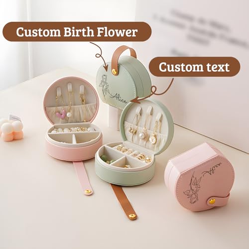 Personalized Travel Jewelry Case, Custom Leather Customized Jewelry Organizer Box w/Name & Birth Flower Month - Birthday Gifts for Women Mom Jewelry Travel Case - style: 03-Birthflower