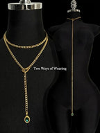 Heart Slip Chain Necklace for Women, 39 Inch Cuban Chain, Removable Heart O-Ring, Crystal Pendant, Adjustable Stainless Steel Y-Necklace - color: Gold-Green