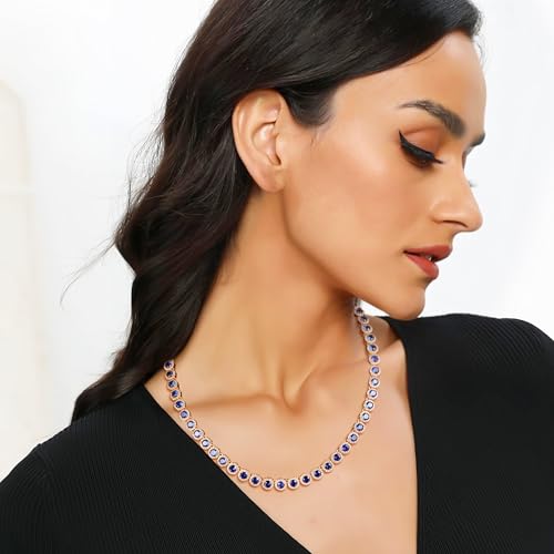 Gemsme 18K White Gold Plated Halo Necklace 5.0mm Round Cubic Zirconia Classic Tennis Necklace - color: Yellow Gold - Blue, size: 22 inch