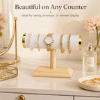 Jewelry bracelet Display T-Bar Stand 9 inch White PU Bracelet Holder with Gold Metal Ends 1-Tier Jewelry Organizer with Natural Pine Base, Bangle & Watch Display for Retail & Vanity - color: Round PU White