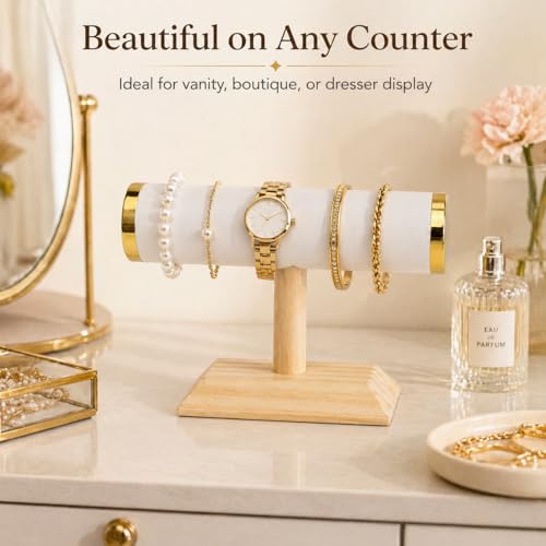 Jewelry bracelet Display T-Bar Stand 9 inch White PU Bracelet Holder with Gold Metal Ends 1-Tier Jewelry Organizer with Natural Pine Base, Bangle & Watch Display for Retail & Vanity - color: Round PU White