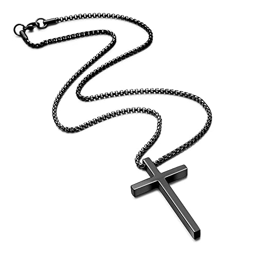 IEFSHINY Gifts for Men Boys - Stainless Steel Cross Pendant Chain Necklaces for Men, Mens 16-30 Inches Chain Gold Silver Black Cross Necklace Boys Jewelry Gifts - size: 20, style: Black-cross pedant 0.7"*1.18"